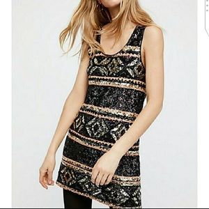 Free People Black & Gold Sequin Mini Dress XS